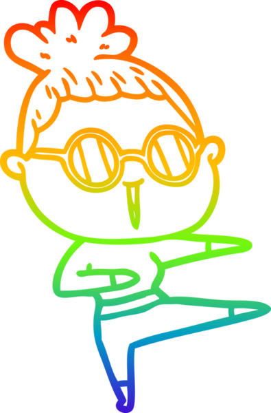 Bir insan tarafından çizilmiş gözlük takan bir karikatür kadının çizimi.