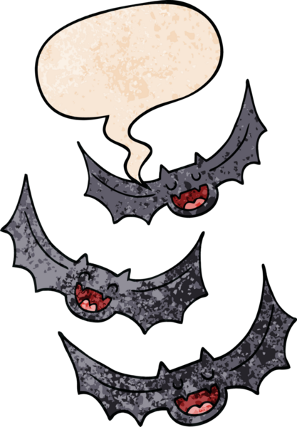 Bir insan tarafından çizilmiş, geçmişe dönük konuşma baloncuklu vampir yarasalar.