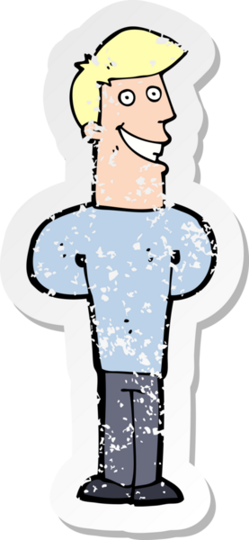 Bir insan tarafından çizilmiş sırıtan bir çizgi film karakterinin kederli retro yapıştırması.