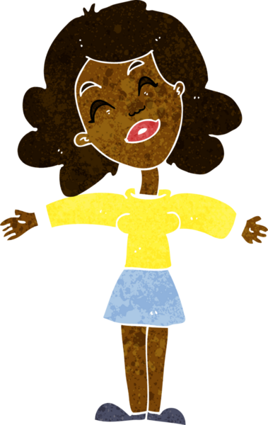 Bir insan tarafından çizilmiş açık kollu çizgi film kadını.