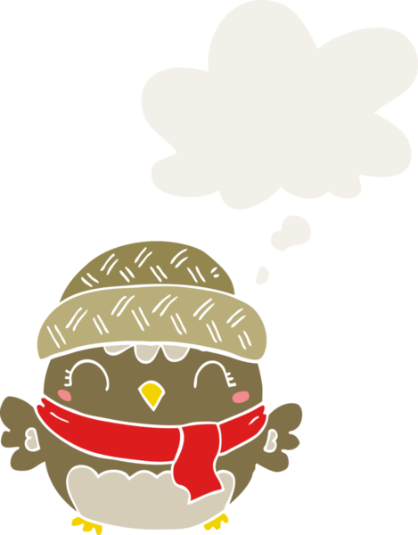 Şapkalı şirin bir baykuş. Düşünce baloncuğu insan tarafından çizilmiş.