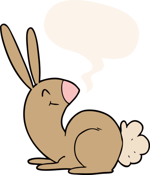Konuşma baloncuğu olan sevimli çizgi film tavşanı insan tarafından çizilmiş.