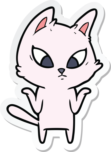 Kafası karışmış çizgi film kedisinin çıkartması bir insan tarafından çizilmiş omuz silkiyor.