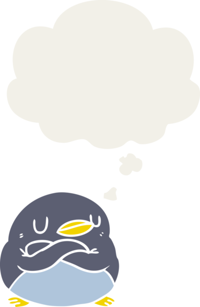 Düşünce baloncuğu olan bir penguen insan tarafından çizilmiş.