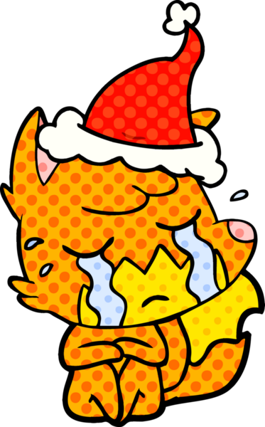 Ağlayan tilki eli bir insan tarafından çizilmiş Noel Baba şapkasının çizgi roman çizimi.