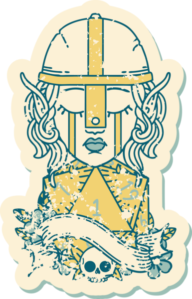 Retro Dövme Tarzı Ağlayan Elf Savaşçısı karakteri yüzü ve bir insan tarafından çizilmiş D20 rulosu.