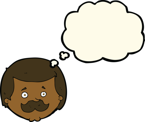 Bir insan tarafından çizilmiş düşünce baloncuklu bıyıklı çizgi film adamı.