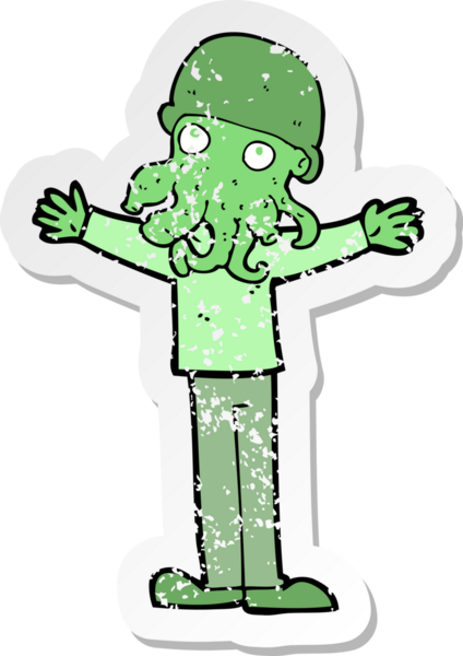 Bir insan tarafından çizilmiş uzaylı mürekkep balığı suratlı bir adamın gerilimli çıkartması.