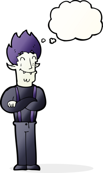 Bir insan tarafından çizilmiş düşünce balonlu mutlu vampir adam çizgi filmi.