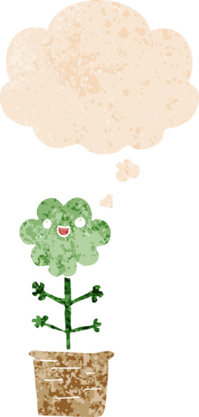 Düşünce baloncuğu ve grunge desenli karikatür çiçeği bir insan tarafından çizilmiş.