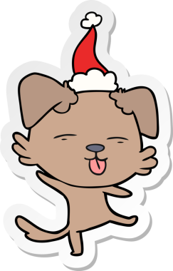 Bir insan tarafından çizilmiş Noel Baba şapkası giymiş dans eden bir köpeğin el yazısı.