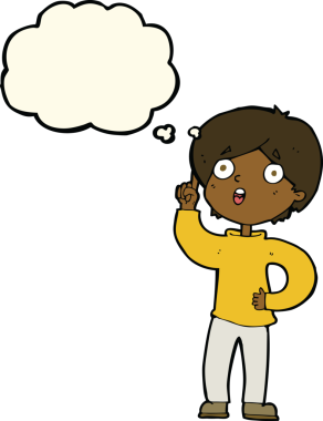 Bir insan tarafından çizilmiş düşünce baloncuğu fikri olan çizgi film çocuğu.