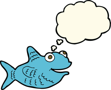 Bir insan tarafından çizilmiş düşünce balonlu mutlu balık çizgi filmi.