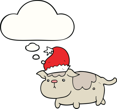 Bir insan tarafından çizilmiş düşünce baloncuğu olan şirin bir Noel köpeği.