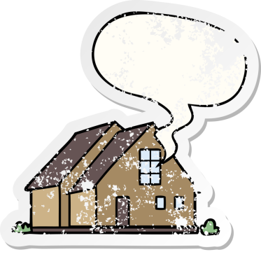 Konuşma baloncuğu olan karikatür evi bir insan tarafından çizilmiş sıkıntılı eski bir çıkartma.