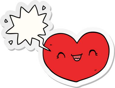 Bir insan tarafından çizilmiş konuşma kabarcığı çıkartmalı karikatür aşk kalbi.