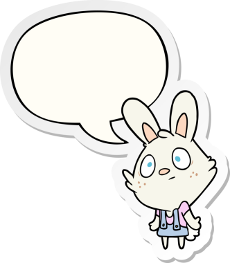 Bir insan tarafından çizilmiş balon etiketli, omuzlarını silkeleyen sevimli çizgi film tavşanı.