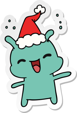 Bir insan tarafından çizilmiş Kawai uzaylısının el çizimi Noel çıkartması.