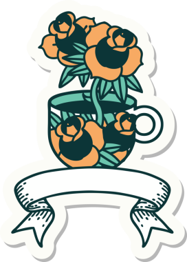 Bir fincanın pankartıyla dövme stili çıkartması ve bir insanın çizdiği çiçekler