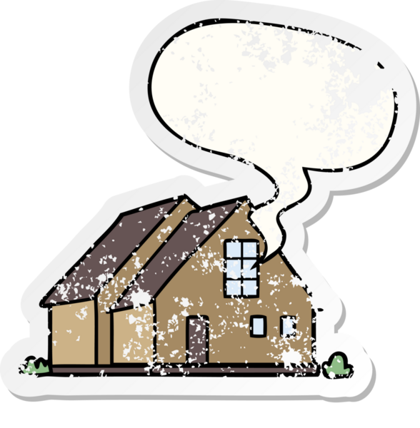 Konuşma baloncuğu olan karikatür evi bir insan tarafından çizilmiş sıkıntılı eski bir çıkartma.