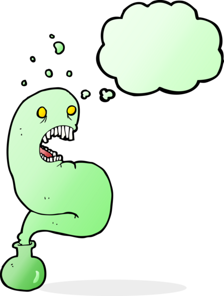 Şişede cadılar bayramı hayaleti ve bir insan tarafından çizilmiş düşünce balonu.