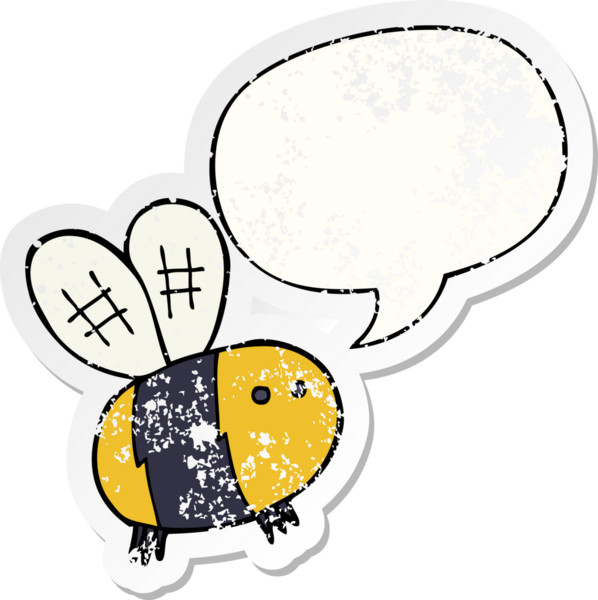 Konuşma baloncuğu olan çizgi film arısı bir insan tarafından çizilmiş sıkıntılı eski bir çıkartma