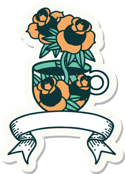 Bir fincanın pankartıyla dövme stili çıkartması ve bir insanın çizdiği çiçekler