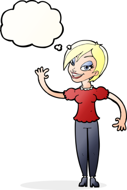 Bir insan tarafından çizilmiş düşünce baloncuğuyla el sallayan çizgi film kadını.