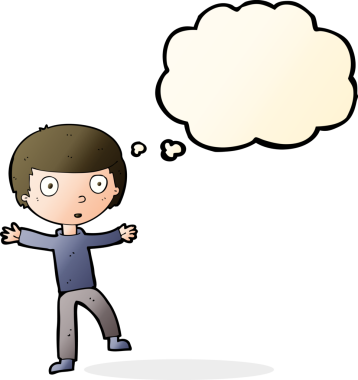 Bir insan tarafından çizilmiş düşünce baloncuğu ile ürkmüş bir çocuk.