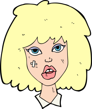 Bir insan tarafından çizilmiş yüzü morarmış bir çizgi film kadını.