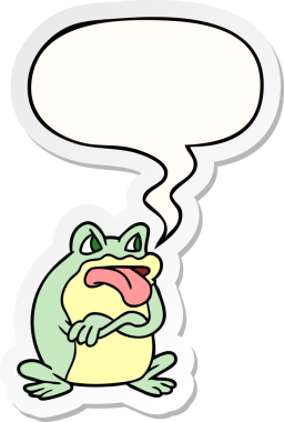 Bir insan tarafından çizilmiş konuşma balonu çıkartmalı huysuz çizgi film kurbağası.