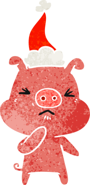 Bir insan tarafından çizilmiş Noel Baba şapkası giymiş kızgın bir domuzun el çizimi karikatürü.