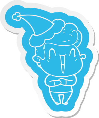 Heyecanlı adam çizgi film çıkartması Noel Baba şapkası giyen bir insan tarafından çizilmiş.