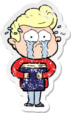 Bir insan tarafından çizilmiş kitabı tutan, ağlayan bir karikatür çıkartması.