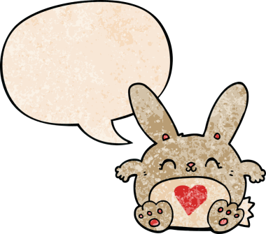 Bir insan tarafından çizilmiş eski dokuda konuşma baloncuğu olan aşk dolu bir çizgi film tavşanı.