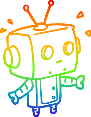 Gökkuşağı gradyan çizimi. Bir insan tarafından çizilmiş sevimli, şaşırmış bir robot.