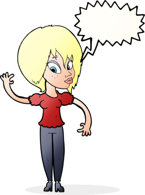 Bir insan tarafından çizilmiş bir konuşma balonuyla el sallayan çizgi film kadını.