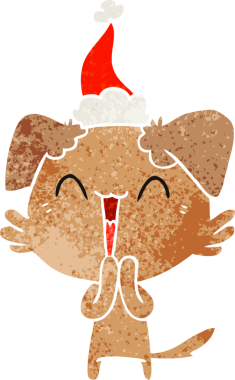 Gülen küçük köpek eli, bir insan tarafından çizilmiş Noel Baba şapkasının eski çizgi filmini çizdi.