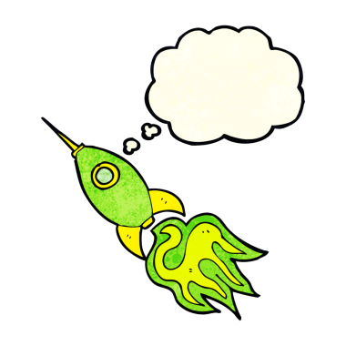 Bir insan tarafından çizilmiş düşünce baloncuklu uzay roketi.