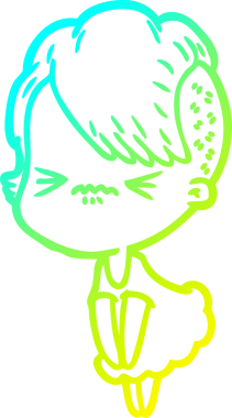 Bir çizgi film karakteri çizen soğuk gradyan, bir insan tarafından çizilmiş hippi bir kız.