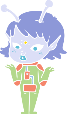 Bir insan tarafından çizilmiş düz renk çizgi film uzaylı kızı.