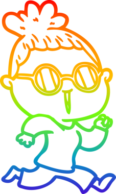 Gökkuşağı gradyan çizgi çizimi bir insan tarafından çizilmiş gözlük takan koşan bir kadının çizimi