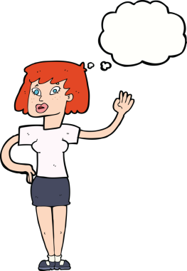 Bir insan tarafından çizilmiş düşünce baloncuğuyla el sallayan çizgi film kadını.