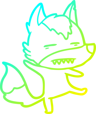 Bir insan tarafından çizilmiş dişleri gösteren çizgi bir kurt çizimi.