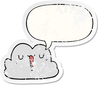 Konuşma baloncuğu olan sevimli çizgi film bulutu bir insan tarafından çizilmiş sıkıntılı eski bir çıkartma