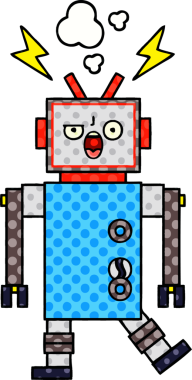 Bir insan tarafından çizilmiş bozuk bir robotun çizgi romanı.