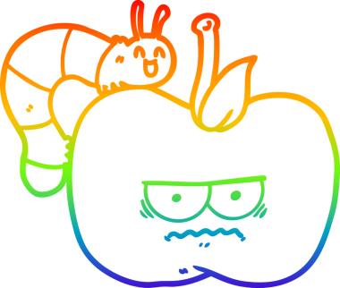 Gökkuşağı gradyan çizgi çizimi bir insan tarafından çizilmiş huysuz elma ve tırtıl