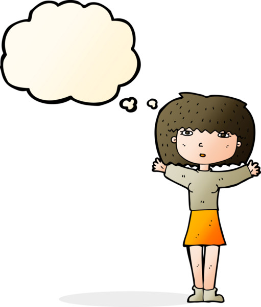 Bir insan tarafından çizilmiş düşünce baloncuğuyla kollarını havaya kaldıran çizgi film kadını.