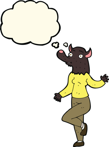 Bir insan tarafından çizilmiş düşünce balonlu kurtadam kadın.