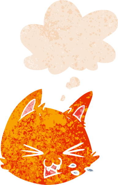 Düşünce baloncuğu ile çizgi film kedisi yüzüne tükürüyor grunge sıkıntılı retro desen tarzı bir insan tarafından çizilmiş